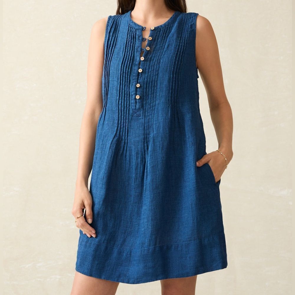 Faherty 100% Linen Isha Sleeveless Basketweave Dress Indigo Blue Size Large